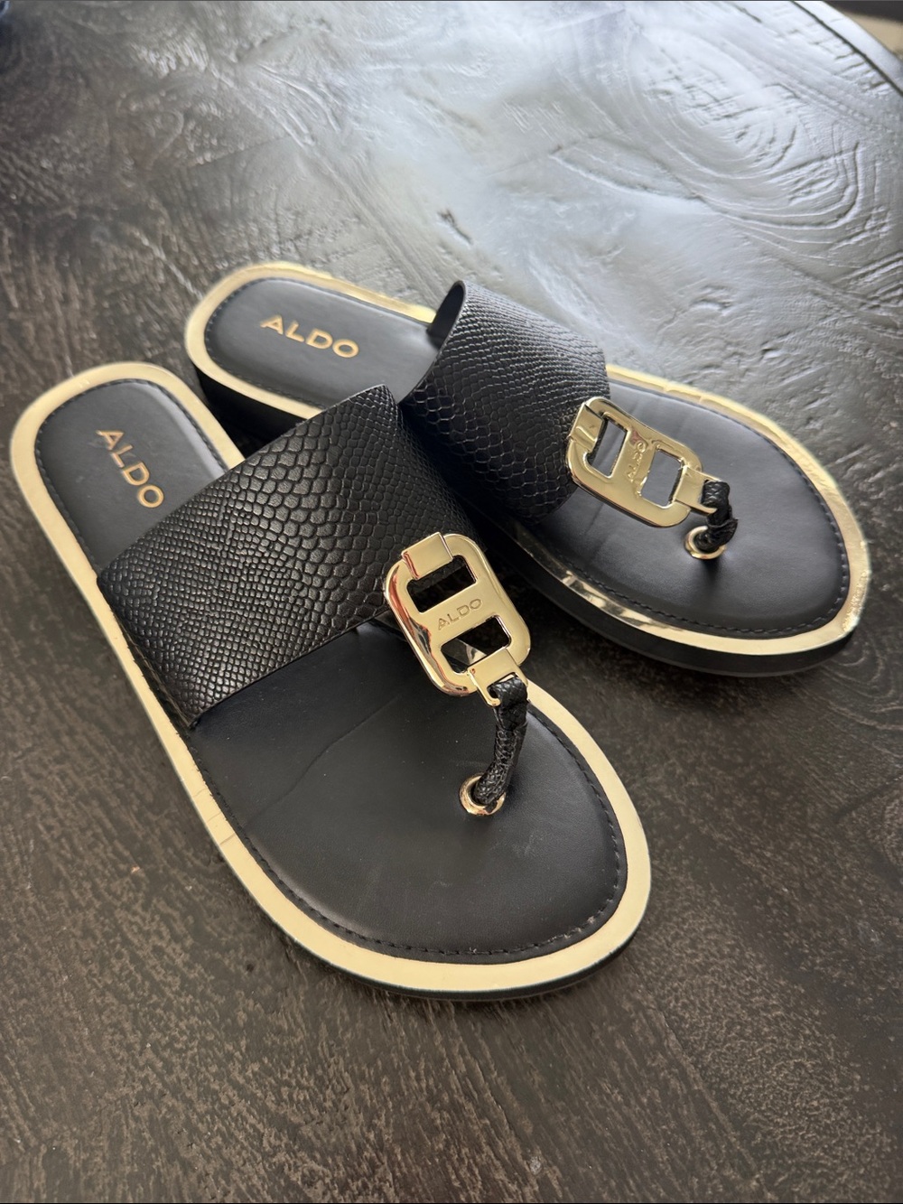 Aldo Black Textured Toe-Loop Slides with Gold Accents